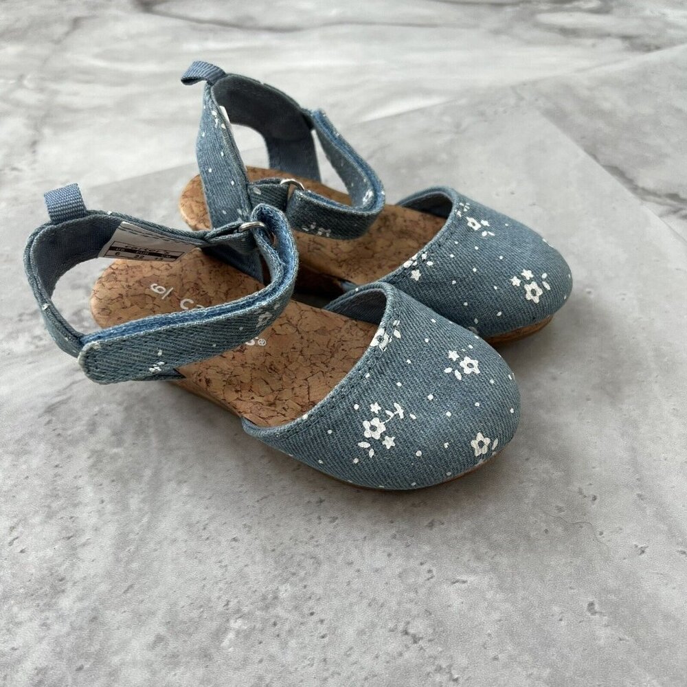 Carter's Toddler‎ Girl's Size 6 Cork Wedge Chambray Denim Floral Blue and White